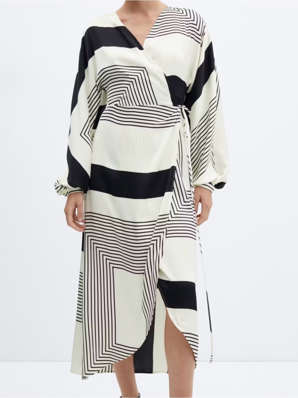 Mango Black and White Geometric Wrap Midi Dress